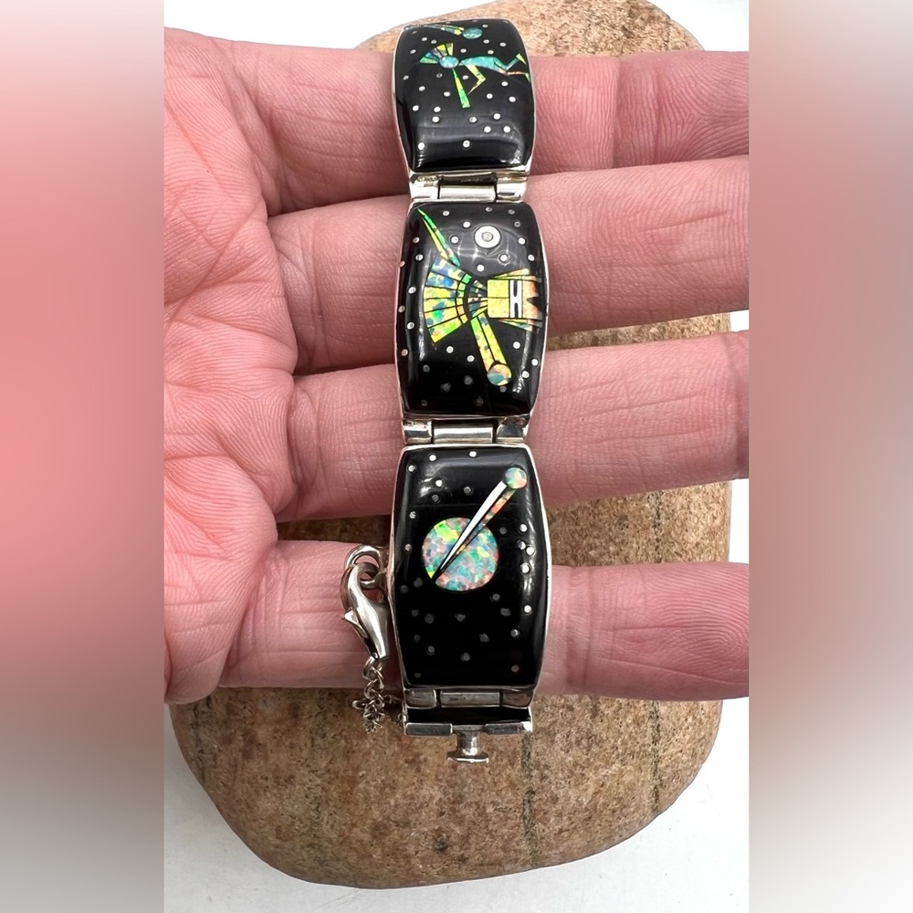 Navajo Sterling Silver Onyx Opal Kachina Kokopelli Night Sky Link Bracelet 8" - Picture 5 of 7